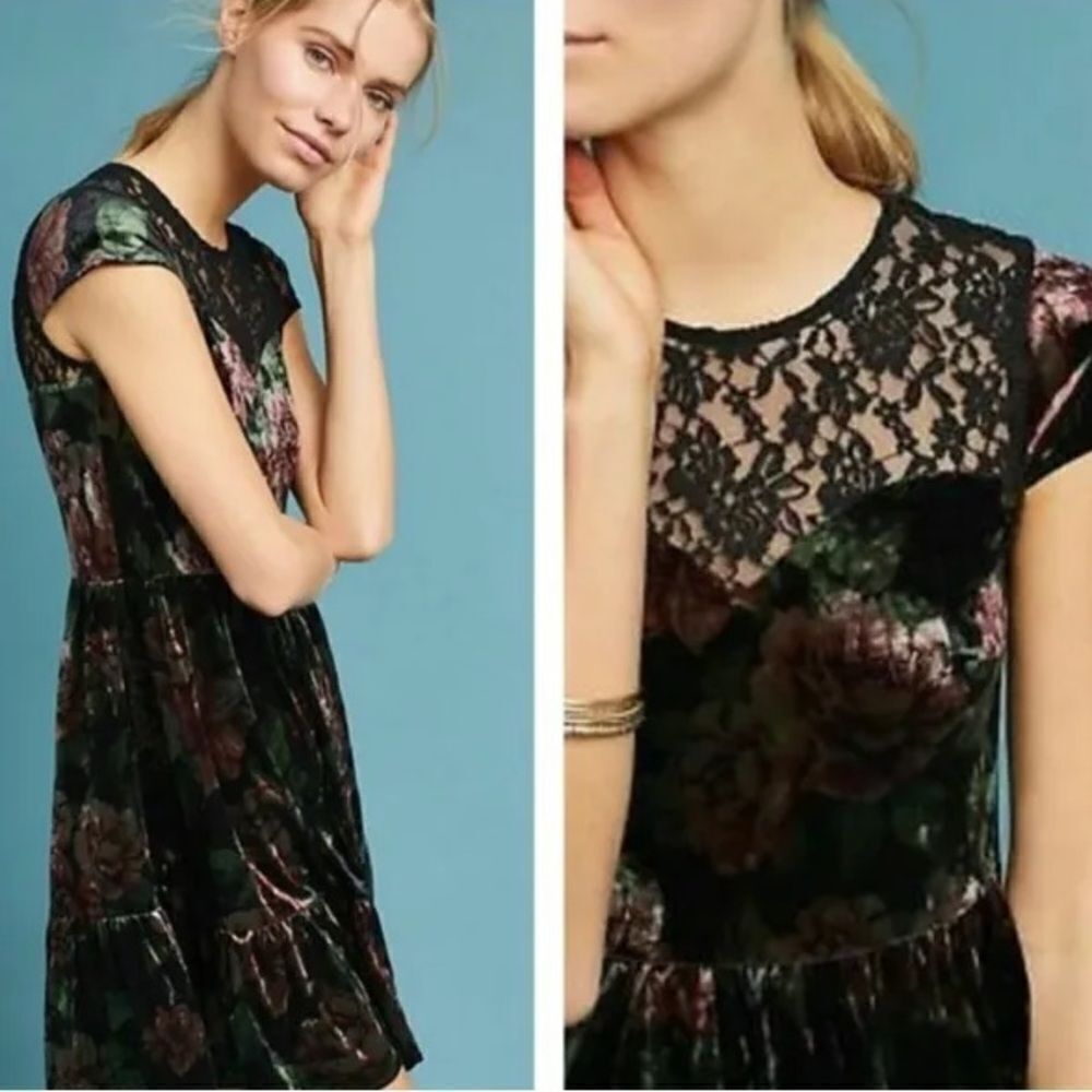 Anthropologie Deletta Floral & Lace Dress Silverfield Sweetheart Velvet M NWT